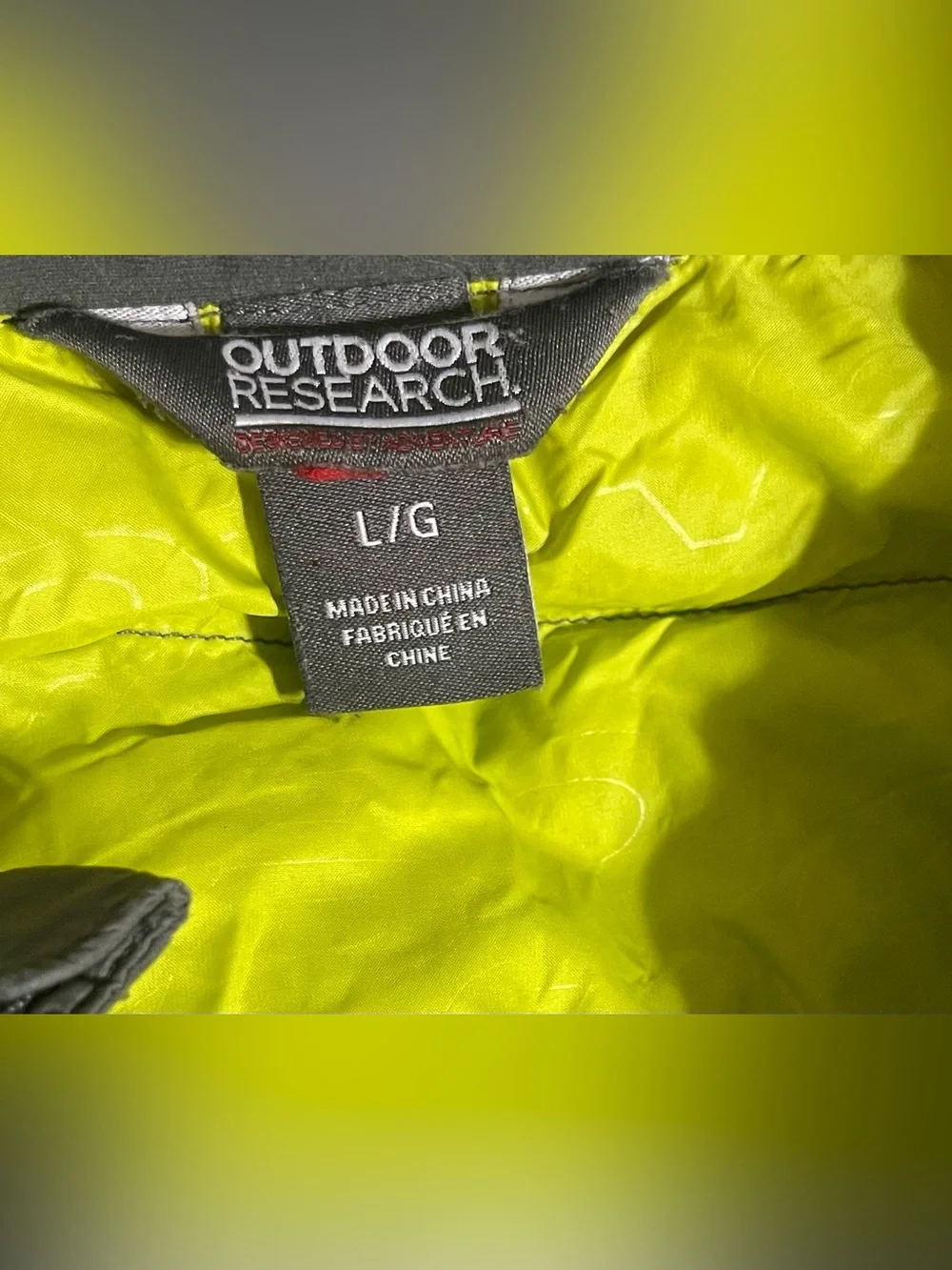Outdoor Research Transcendent Down Jacket Mens L Gray Neon Goose Puffer **READ**
